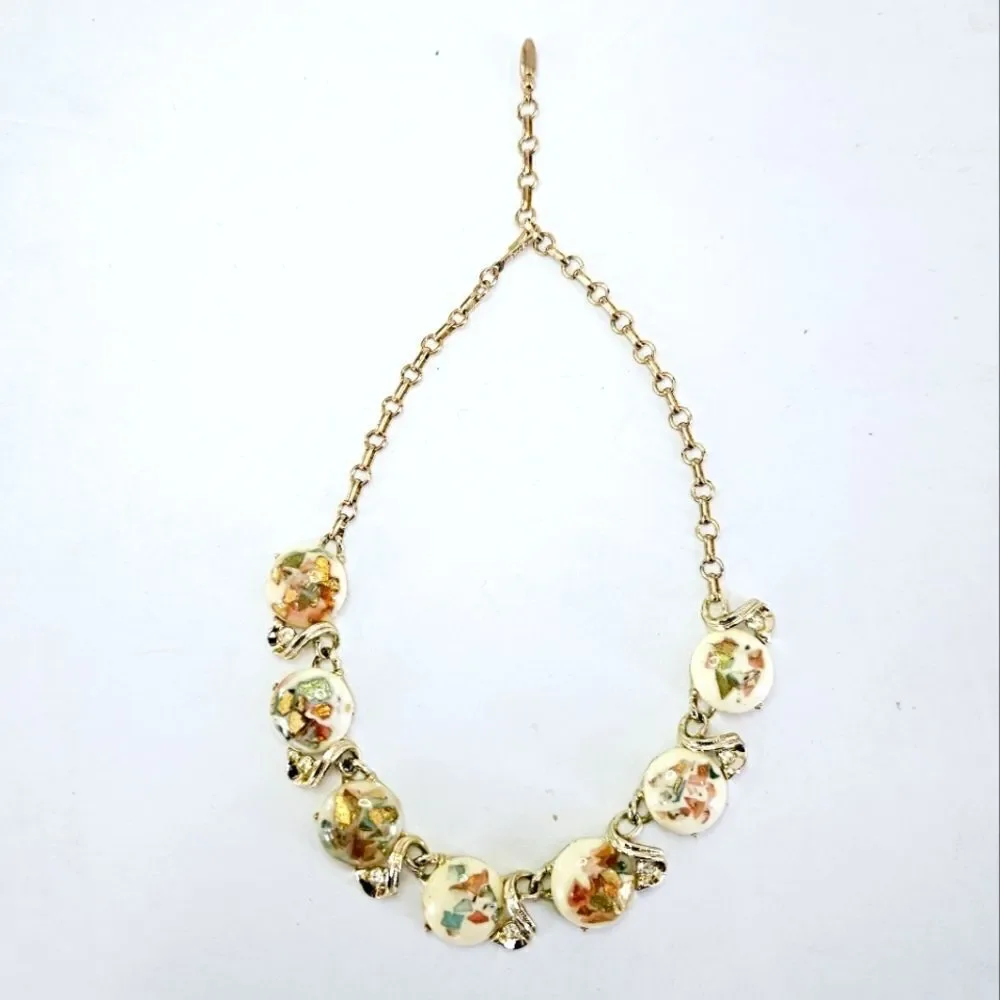 Vintage Signed Coro Confetti Fleck Lucite Cabochon Rhinestone Gold Tone Necklace